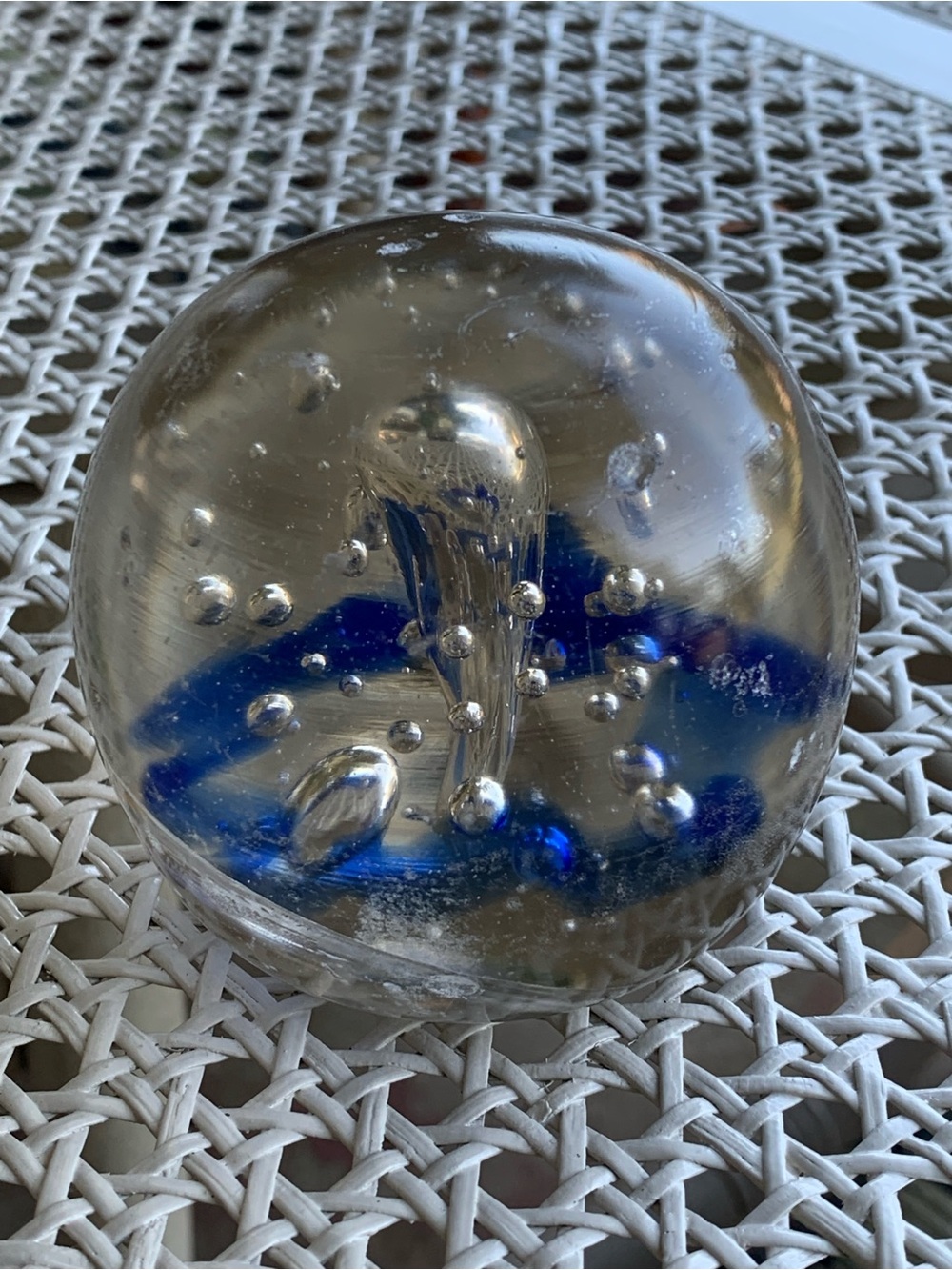 Vintage Handblown Clear Glass Paperweight Blue Swirl